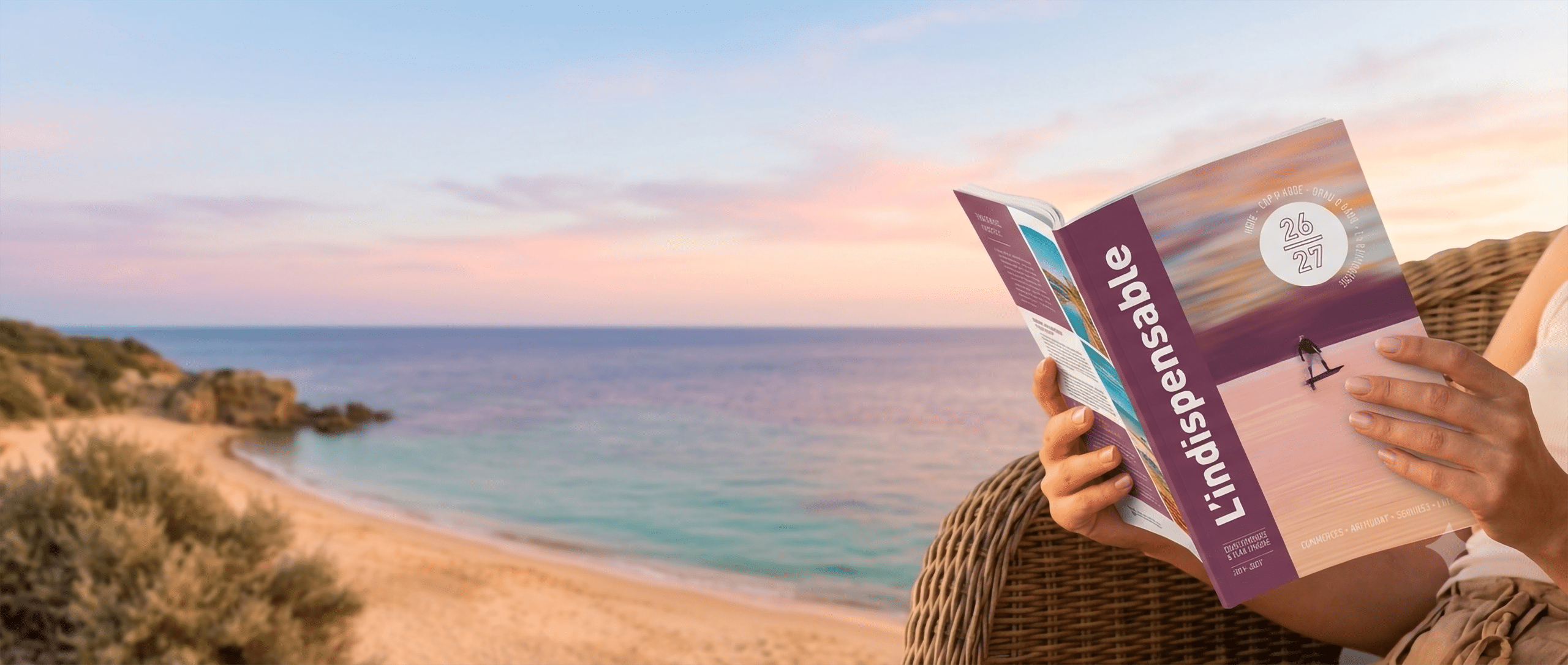 Illustration d'une femme feuilletant le Guide L'indispensable au bord de la plage